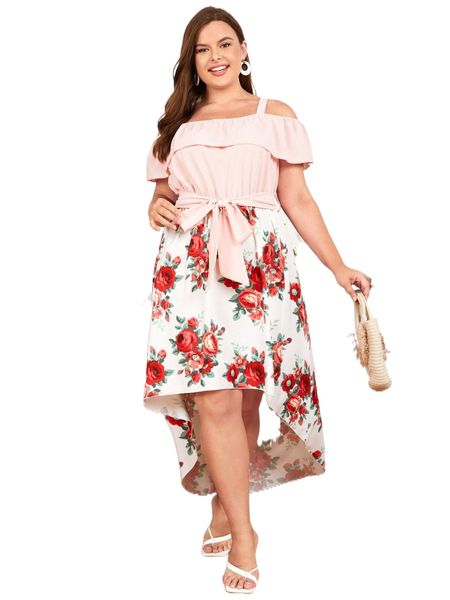plus 1pc floral print cold shoulder high low hem belted dress i4tq#, Black
plus 1pc floral print cold shoulder high low hem belted dress i4tq#, Black
