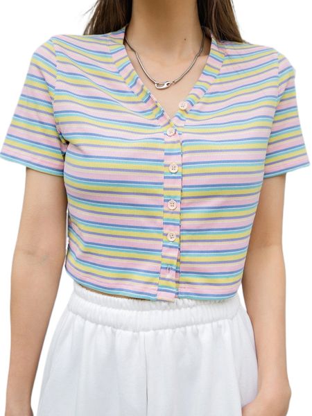 dazy block striped button front tee o0cf#, White 
dazy block striped button front tee o0cf#, White