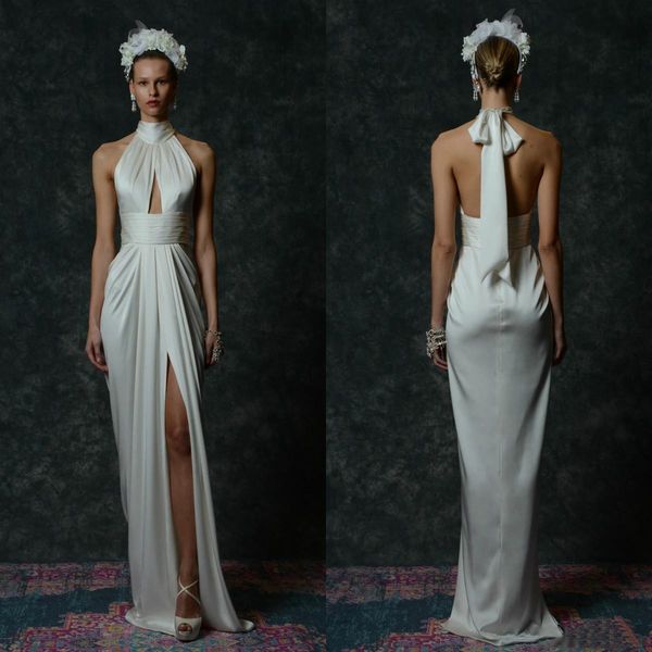 naeem khan beach stain wedding dresses 2022 simple crepe high neck front split summer holiday greek grace bohemain temple bridal gowns, White 
naeem khan beach stain wedding dresses 2022 simple crepe high neck front split summer holiday greek grace bohemain temple bridal gowns, White