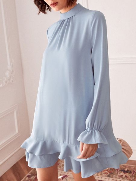 mock neck flounce sleeve layered hem dress q1hg#, Black;gray
mock neck flounce sleeve layered hem dress q1hg#, Black;gray