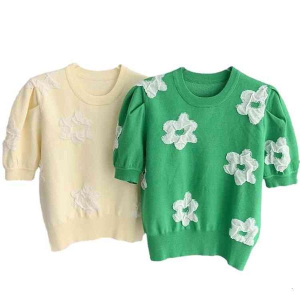 ed bubble sleeve three-dimensional flower knitted round neck pullover sweet spring and summer pastoral women's wear t99i, White 
ed bubble sleeve three-dimensional flower knitted round neck pullover sweet spring and summer pastoral women's wear t99i, White