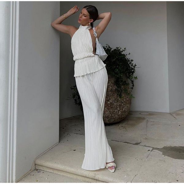 women's tracksuits women pleated cropped halter trousers set summer backless sleeveless tank wide leg pants suit female elegant lady s, Gray
women's tracksuits women pleated cropped halter trousers set summer backless sleeveless tank wide leg pants suit female elegant lady s, Gray