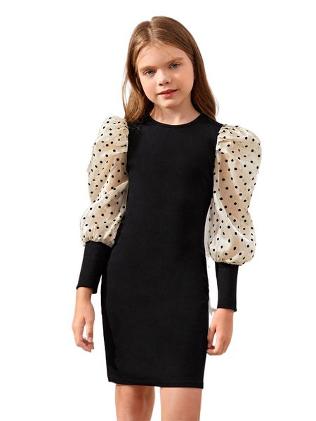 girls dobby mesh panel gigot sleeve dress without belt h8nf#, Black;white 
girls dobby mesh panel gigot sleeve dress without belt h8nf#, Black;white