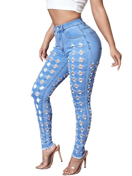 sxy ripped raw hem skinny jeans y0hy#, Blue