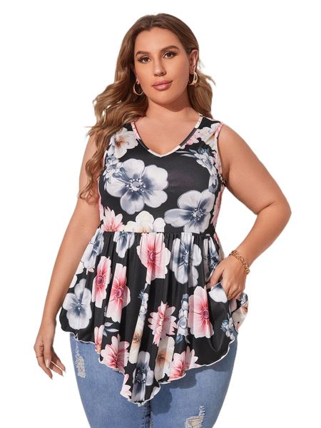 plus floral print asymmetrical hem tank j8u0#, Black 
plus floral print asymmetrical hem tank j8u0#, Black