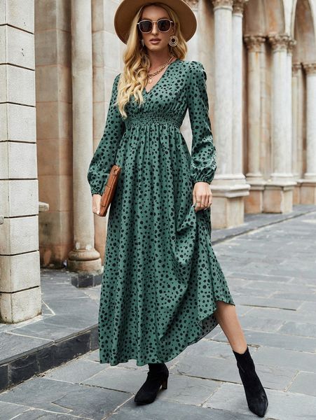 dalmatian print shirred waist lantern sleeve dress m9yq#, Black;gray
dalmatian print shirred waist lantern sleeve dress m9yq#, Black;gray