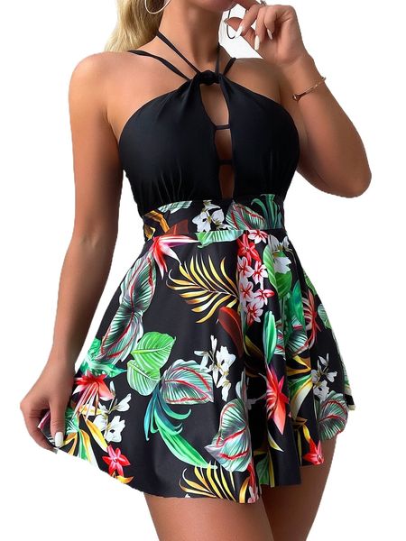 plant print swim dress with bikini bottom w1qv#, White;black 
plant print swim dress with bikini bottom w1qv#, White;black