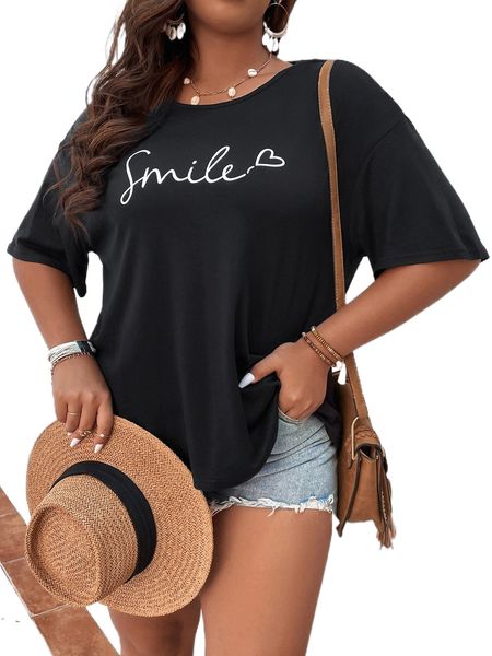 plus heart and letter graphic drop shoulder tee u5bu#, Black
plus heart and letter graphic drop shoulder tee u5bu#, Black