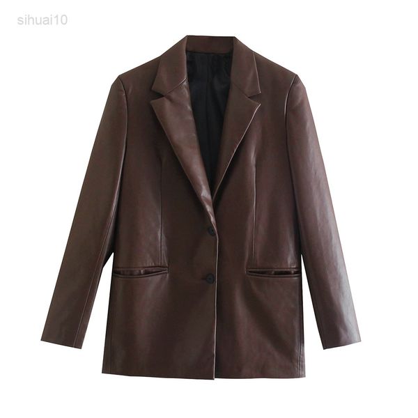 women fashion faux leather loose blazers jacket vintage long sleeve pockets back vents female brown outerwear chic l220725, Black;brown
women fashion faux leather loose blazers jacket vintage long sleeve pockets back vents female brown outerwear chic l220725, Black;brown