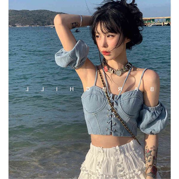 women's t-shirt jingtian denim suspender vest women's summer spice girls wer short bubble sleeve with hnging neck inside nd outsid, White
women's t-shirt jingtian denim suspender vest women's summer spice girls wer short bubble sleeve with hnging neck inside nd outsid, White