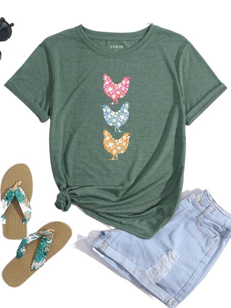 floral and chicken print tee i6uf#, White
floral and chicken print tee i6uf#, White