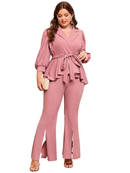 plus notched collar lantern sleeve belted peplum blouse & flare leg pants c5wu#, Black
plus notched collar lantern sleeve belted peplum blouse & flare leg pants c5wu#, Black
