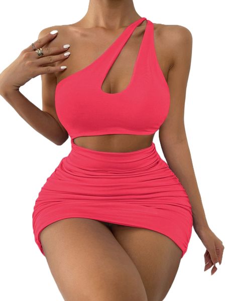 one shoulder cut out ruched bodycon dress o49b#, Black;gray