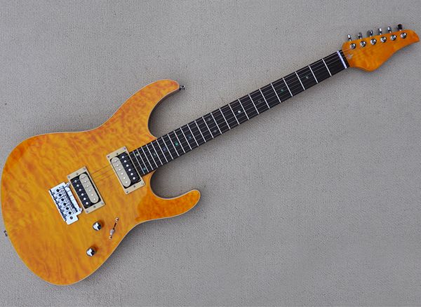 orange electric guitar with humbuckers pickups rosewood fretboard and abalone inlay
orange electric guitar with humbuckers pickups rosewood fretboard and abalone inlay