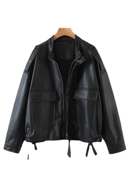 women's plus size outerwear & coats pu jacket women's clothing spring fashion quality motorcycle stand collar drawstring hem loose, Black
women's plus size outerwear & coats pu jacket women's clothing spring fashion quality motorcycle stand collar drawstring hem loose, Black