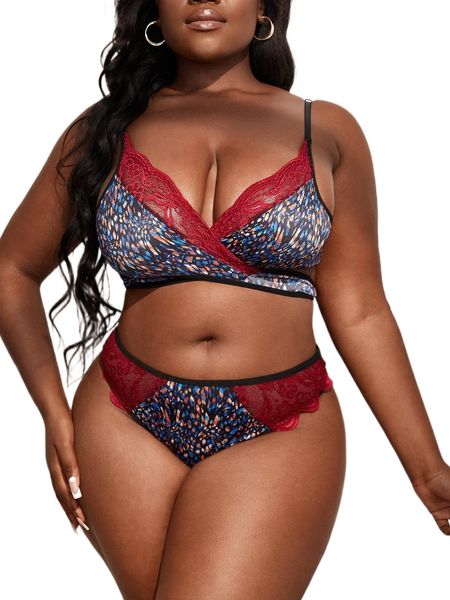 plus allover print contrast lace lingerie set v4l3#, Black;white
plus allover print contrast lace lingerie set v4l3#, Black;white