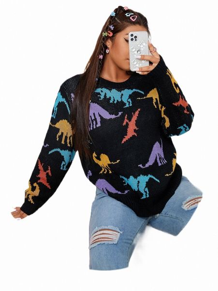 plus dinosaur pattern sweater p5zx#, Black
plus dinosaur pattern sweater p5zx#, Black
