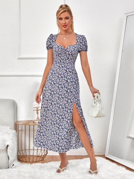 ditsy floral puff sleeve split thigh dress t8le#, Black;gray 
ditsy floral puff sleeve split thigh dress t8le#, Black;gray