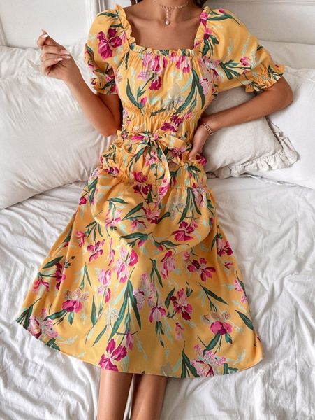 random floral print frill trim puff sleeve knot front dress v0aw#, Black;gray
random floral print frill trim puff sleeve knot front dress v0aw#, Black;gray