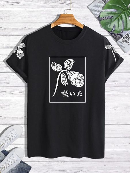 men japanese letter & rose print tee 63xx#, White;black