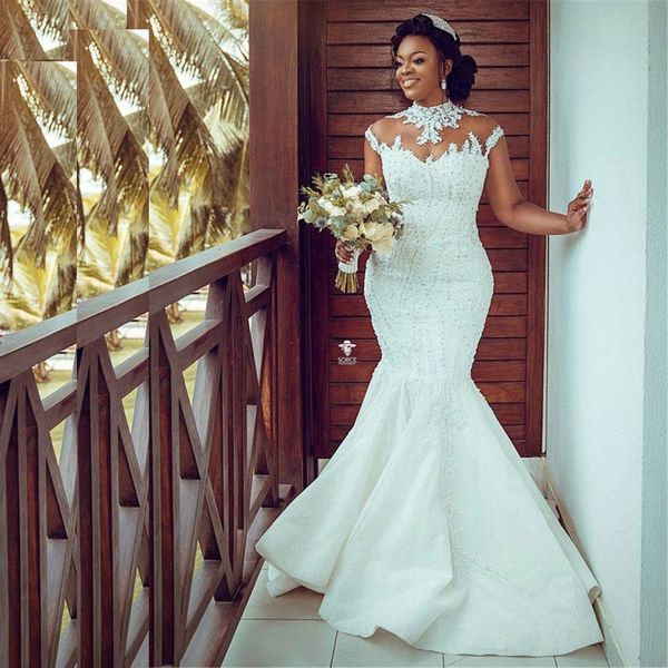 luxurious high neck beading long mermaid wedding dresses cap sleeve appliques lace illusion bridal wedding dress, White
luxurious high neck beading long mermaid wedding dresses cap sleeve appliques lace illusion bridal wedding dress, White