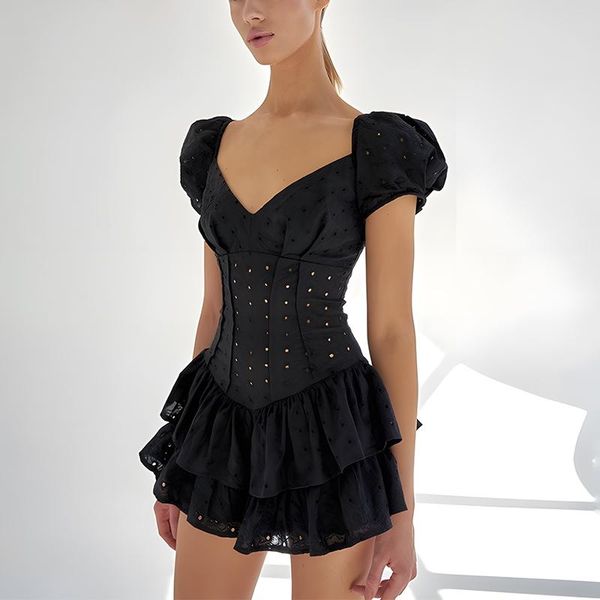 party dresses black fashion v neck ruffles pleated dress women puff sleeve chic summer mini white hollow out vintage corset, White;black
party dresses black fashion v neck ruffles pleated dress women puff sleeve chic summer mini white hollow out vintage corset, White;black