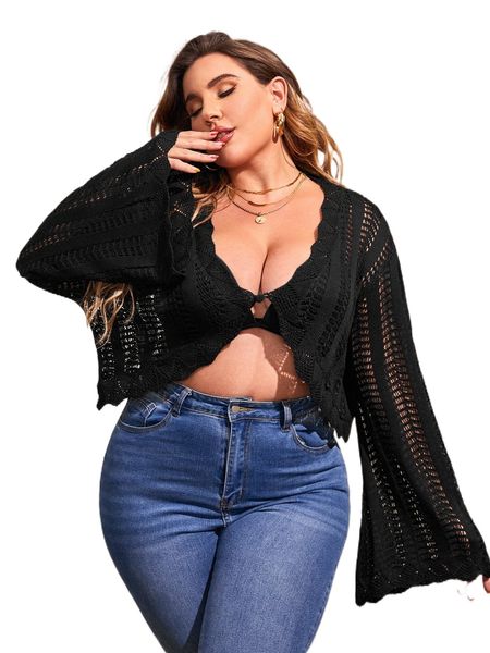 plus drop shoulder pointelle knit scallop trim cardigan r1yn#, Black
plus drop shoulder pointelle knit scallop trim cardigan r1yn#, Black