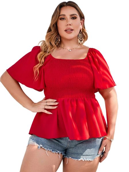 plus shirred flutter sleeve peplum blouse 96al#, Black