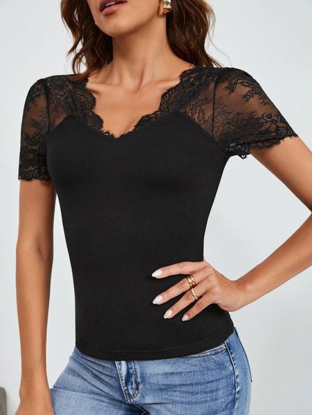 sheer lace yoke scallop trim tee z7h1#, White