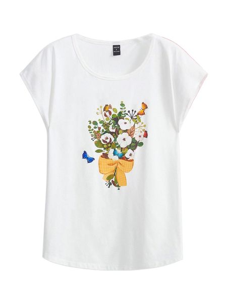 x jing li butterfly & floral print batwing sleeve tee c592#, White 
x jing li butterfly & floral print batwing sleeve tee c592#, White