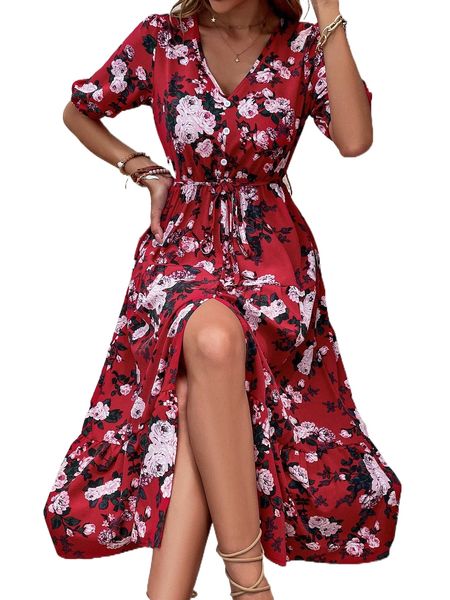 floral print puff sleeve split thigh belted dress 16cy#, Black;gray 
floral print puff sleeve split thigh belted dress 16cy#, Black;gray