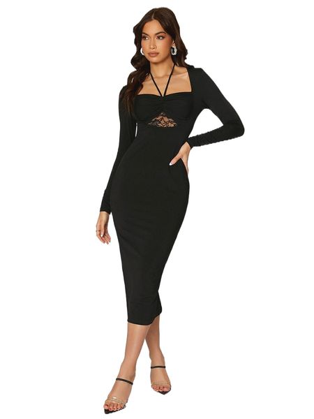 halter neck contrast lace ruched bust bodycon dress h7uz#, Black;gray