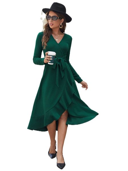 ruffle trim wrap belted dress a76s#, Black;gray