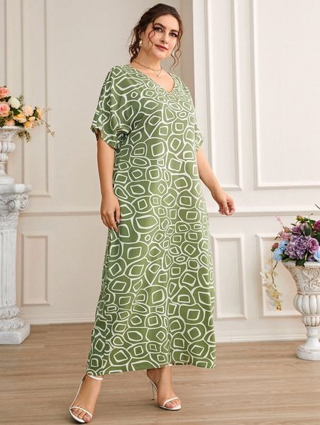 plus geo print dolman sleeve tunic dress t3hb#, Black