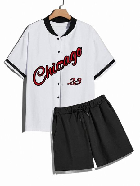 men letter graphic baseball collar shirt & shorts without tee 90u8#, Gray