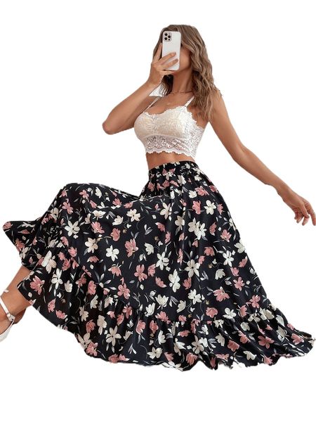 allover floral print ruffle hem skirt x28i#, Black
allover floral print ruffle hem skirt x28i#, Black