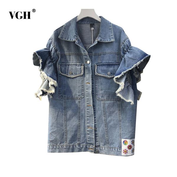 white casual denim jacket for women lapel short sleeve patchwork ruffle korean loose jackets female spring fashion 210507, Black;brown
white casual denim jacket for women lapel short sleeve patchwork ruffle korean loose jackets female spring fashion 210507, Black;brown