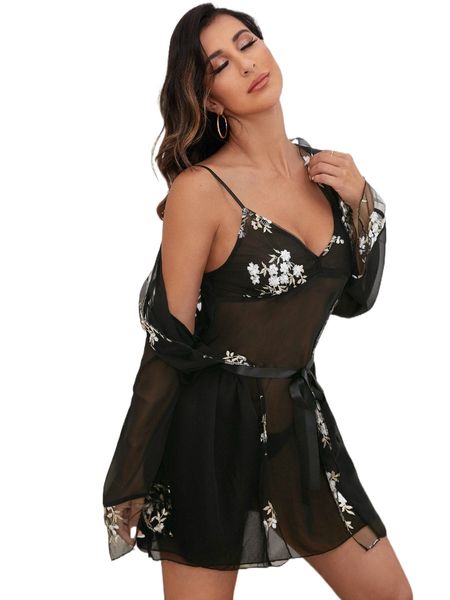 floral embroidery sheer chiffon cami nightdress & robe without panty e5t4#, Black;red
floral embroidery sheer chiffon cami nightdress & robe without panty e5t4#, Black;red