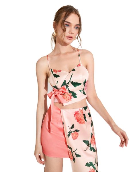 x taii bangkok floral knot crop satin tank q5kn#, White 
x taii bangkok floral knot crop satin tank q5kn#, White