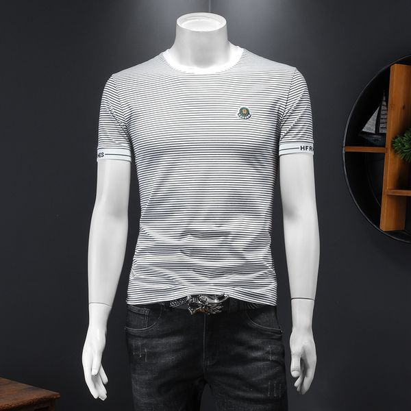 2023 summer quality striped men's short sleeves printed t-shirts korean fashion trend round neck embroidered casual bottoming shirts, White;black
2023 summer quality striped men's short sleeves printed t-shirts korean fashion trend round neck embroidered casual bottoming shirts, White;black