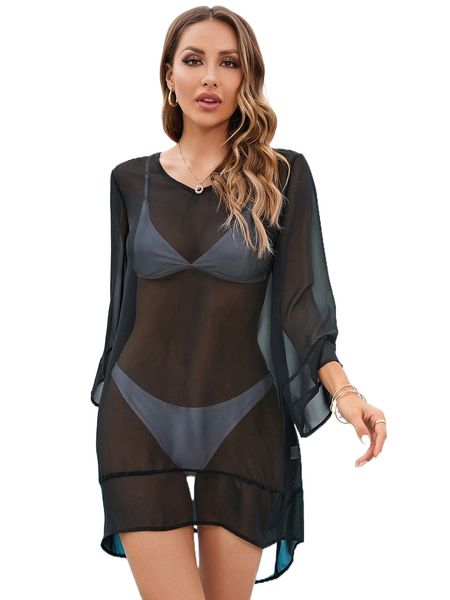 flounce sleeve high low hem chiffon cover up without bikini u8yi#, White;black
flounce sleeve high low hem chiffon cover up without bikini u8yi#, White;black