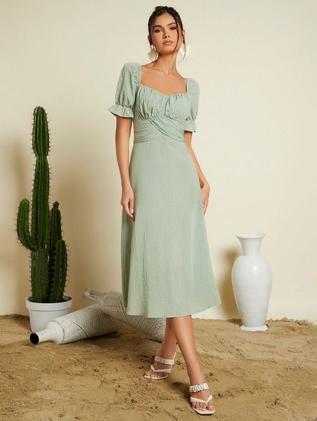 sweetheart neck ruched bust puff sleeve dress d1pc#, Black;gray
sweetheart neck ruched bust puff sleeve dress d1pc#, Black;gray