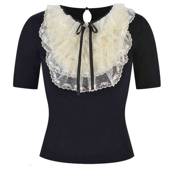 women's sweaters french temperament round neck bowknot age reducing lace splicing slim short sleeve sweater mk6i, White;black
women's sweaters french temperament round neck bowknot age reducing lace splicing slim short sleeve sweater mk6i, White;black
