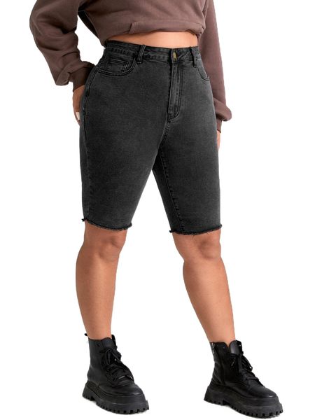 plus high waist raw hem denim shorts j963#, White;black