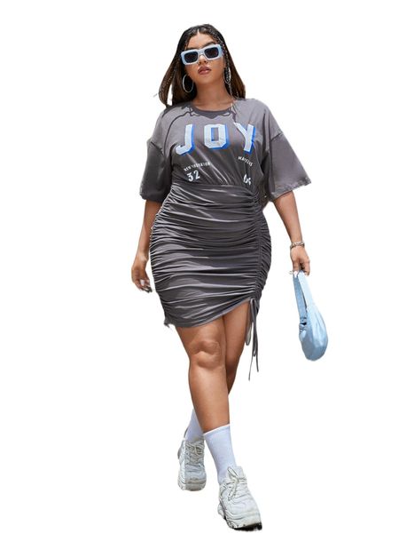 plus letter graphic drop shoulder drawstring ruched side fitted dress g4jr#, Black 
plus letter graphic drop shoulder drawstring ruched side fitted dress g4jr#, Black