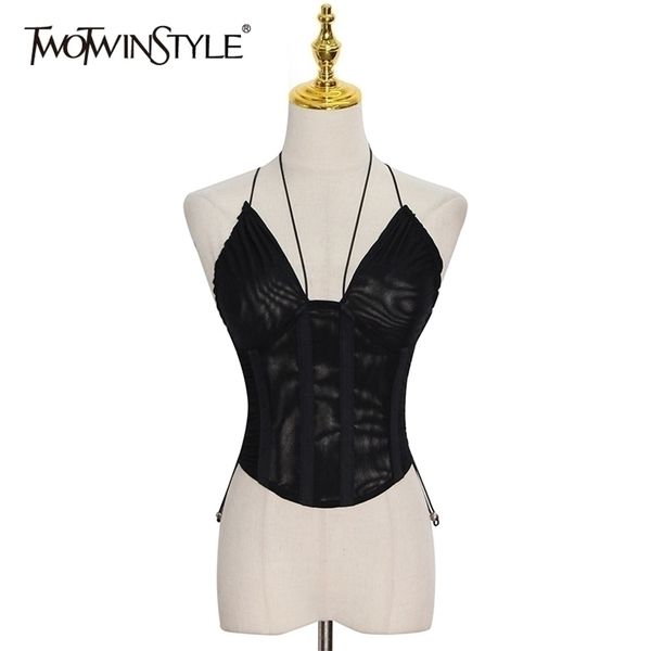 twotwinstyle vest for women halter sleeveless backless short camis vests female summer fashion clothing 220318, White