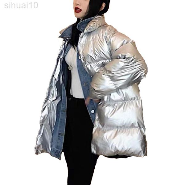 silver shiny jackets denim patchwork winter women long sleeve loose thick warm casual female overcoats 2022 fashion coats l220730, Black
silver shiny jackets denim patchwork winter women long sleeve loose thick warm casual female overcoats 2022 fashion coats l220730, Black