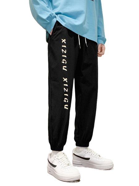 men letter graphic drawstring waist pants a3fi#, Black