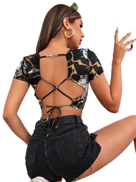 lace up backless marble crop 7123#, White