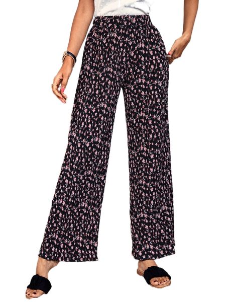 ditsy floral wide leg pants 27aa#, Black;white